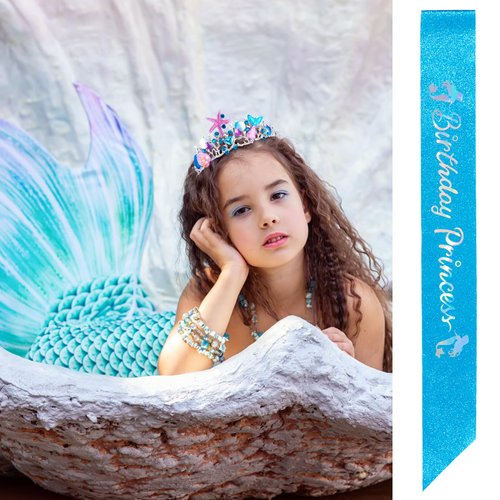 VELSCRUN Birthday Princess Crown Headband, Birthday Princess Sash for Girls, Blue Crystal Girl Tiara, Birthday Crowns Tiara for Women, Happy Birthday Princess Party Decorations for Girls