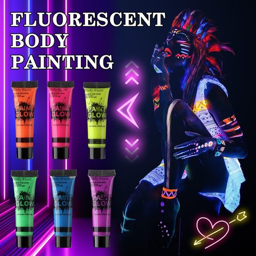 6 Colors Face Body Paint Set,Glow in the Dark Face Body Paint,Halloween Cream Face Body Paint for Skin,Professional Face Painting Kit for Party,Cosplay,Blacklight Glow SFX Makeup,10 ml