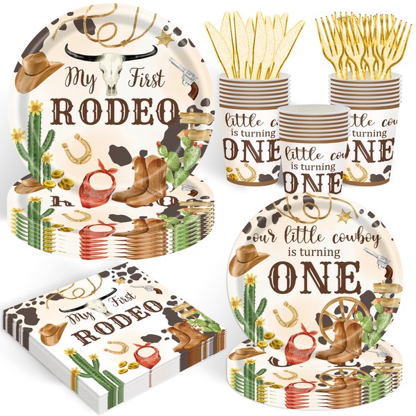120PCS My First Rodeo Party Supplies Wild West Dinnerware Party Decorations for Boys Kids 1st Birthday Western Cowboy Themed Party Disposable Paper Plates Napkins Forks Serves 20 Guests