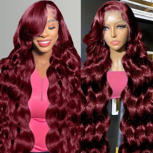 studyy 26 inch Burgundy Lace Front Wigs Human Hair 13x6 Body Wave HD Lace Front Wigs Human Hair 99j Burgundy Wig Glueless Burgundy Body Wave Wig Frontal Wigs Human Hair Wigs For Women 180% Density