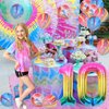 JOYMEMO Tie Dye 10th Birthday Decorations for Girls, Rainbow Peace Out Single Digits Tie Dye Tenth Birthday Party Supplies, Paper Glitter Banner & Cake Topper Double Digits 10 Birthday Decor