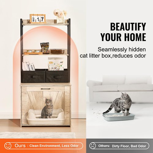 Happybuy Cat Litter Box Enclosure, Hidden Litter Box Furniture with 2 Storage Shelves & 2 Baskets, Wooden Cat Washroom Indoor, Cat House Cabinet Fit Most of Litter Box, 23.6"L x 19.7"W x 50"H, Natural