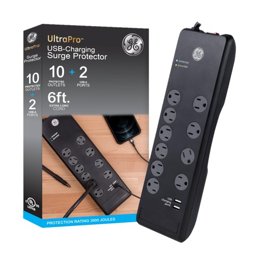 GE UltraPro 10-Outlet Surge Protector, 2 USB Ports, 6 Ft Power Cord, 3000 Joules, Flat Plug, Twist to Close Safety Covers, Power Filter, Circuit Breaker, Warranty, UL Listed, Black, 14096