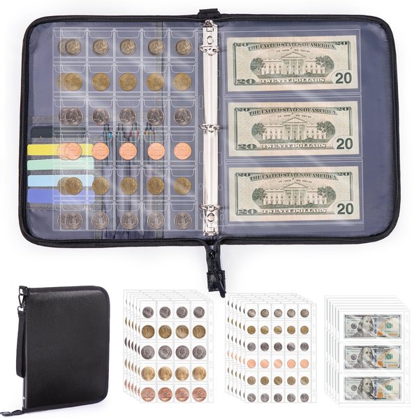 FRECOLSH Coin Collection Book Coin Holder, 300 Pockets Fireproof Coin Collection Book & 36 Paper Money Organizer Binder for Coin Collection Supplies,Coin Collector Gifts