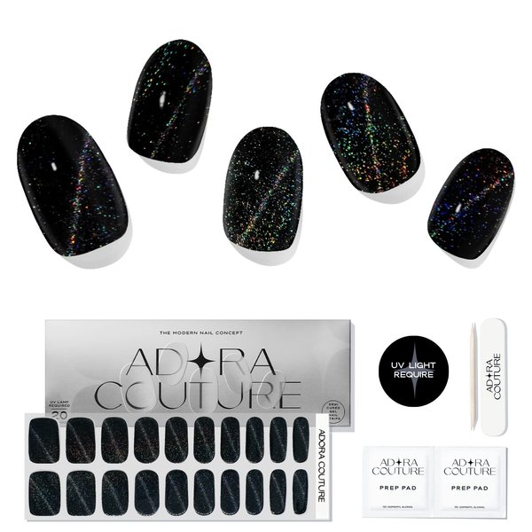Adora Couture Semi Cured Gel Nail Strips |20pcs Magnetic Cateye Glitter Rainbown Black Gel Nail Stickers| Nail Wraps Kit for Women | Gel Nail Stickers with UV Light Required (Apollo)