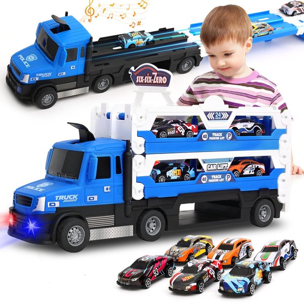 TALGIC Big Transporter Truck Blue Toy Cars for Toddlers 3-5 with 55-Inch Ejection Race Track, Deform Catapulting and Shooting Folding Storage Car Carrier with 6 Race Cars for Kids Ages 3-5, 4-8