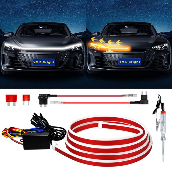 Dynamic Scan Start Up Hood Light Strip Sequential Flowing Turn Signal Flexible DRL Daytime Running Car Led Light Strip Exterior,Dual Color Amber White Switchback 12V 70inch (1 Set)