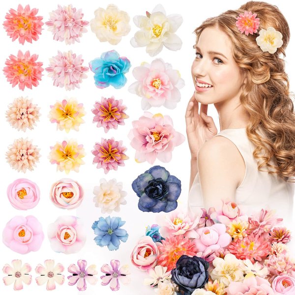 Thrilez 26 Pieces Flower Hair Clips Flower Hair Barrettes for Women, Flower Hair Accessories Hawaiian Boho Hairclip for Girls, Silk Flower Hair Clips for Beach Party Bridal Wedding Event Decor