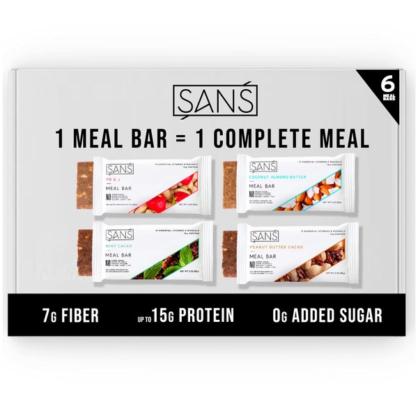 SANS Meal Replacement Protein Bar, Gluten Free, Healthy High Protein Snacks, High Fiber, No Sugar Added, Dairy Free, Soy Free, Variety Pack, 6 Bars