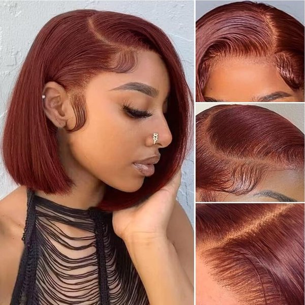 RQY Reddish Brown Bob Wig,13x4 Short Straight Lace Front Wigs Human Hair 180% Density 33# Auburn Wig Human Hair Bob Lace Front Wigs Human Hair for Women （33# Brown Human Hair Wig 10inch）