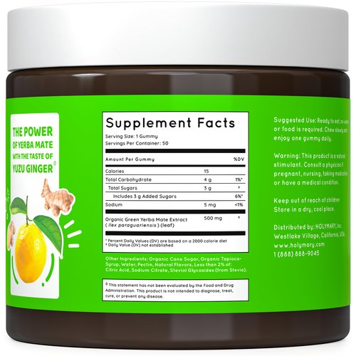 HOLYMARY Yerba Mate Gummies, Yuzu & Ginger - Made with Organic, Unroasted Yerba Mate. Free from Added Caffeine. Vegan, Non-GMO, Gluten-Free, Kosher. 50 Delicious Supplement Gummies