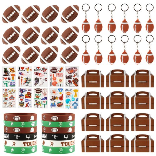 Football Party Favor Set 108 Pcs Rugby Rubber Treat Box Stickers Silicone Bracelet Tattoo Stickers Key Buckle Prefect for Football Theme Party and Birthday Party Supplies Decorations