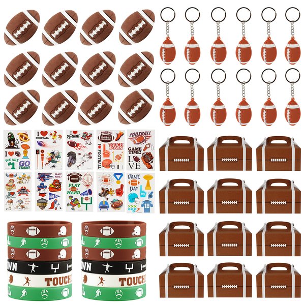 Football Party Favor Set 108 Pcs Rugby Rubber Treat Box Stickers Silicone Bracelet Tattoo Stickers Key Buckle Prefect for Football Theme Party and Birthday Party Supplies Decorations