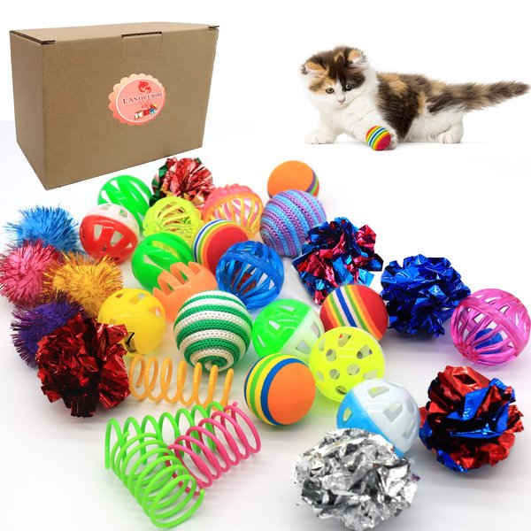 LASOCUHOO Cat Toys, Kitten Cat Ball Toys Assortments, Including Rainbow Ball, Crinkle Ball, Sparkle Ball, Bell Balls, Sisal Ball for All Cats 30 PCS