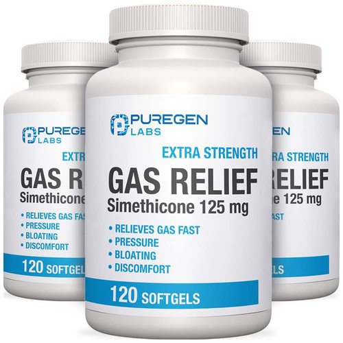 Puregen Labs Extra Strength Gas Relief Softgels with Simethicone 125 mg | Fast Relieve of Pressure, Bloating and Painful Discomfort – 3 Pack | Total 360 Softgels