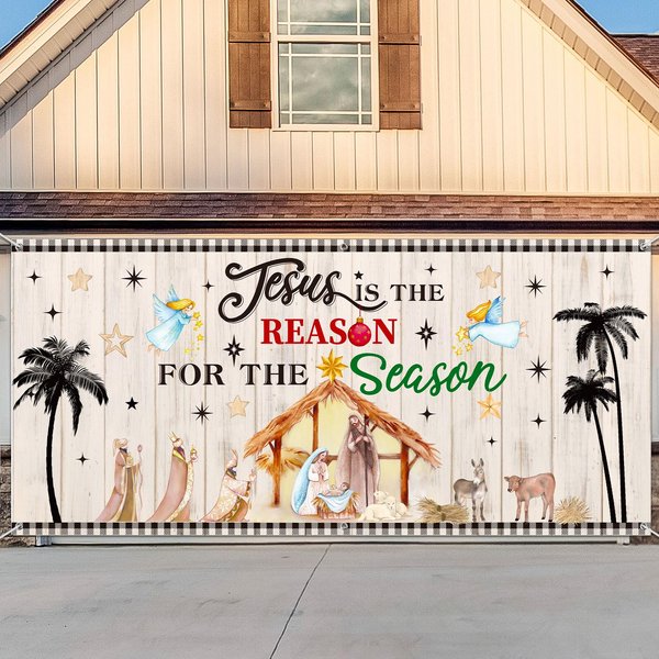 Outus Nativity Garage Door Cover Christmas Religious Backdrop Holy Nativity Photography Decoration for Winter Xmas Outdoor Indoor Church Medieval Party Supplies 13 x 6 ft(Nativity Scene Style)