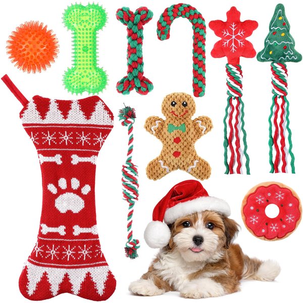 JellyArch 10 Pcs Christmas Dog Toys Gifts Dog Christmas Stocking with Rope Toys and Ball Squeaker Toys Squeaky Plush Toys Chew Toys for Teething Dog Gifts Xmas Gifts for Puppy Small Medium Dog