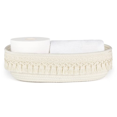 Dahey Woven Basket Macrame Storage Basket for Toilet Tank Top Boho Bathroom Decor Toilet Paper Basket for Bathroom Organizing, Gift Baskets Empty for Counter Table Bedroom Living Room Nursery, White