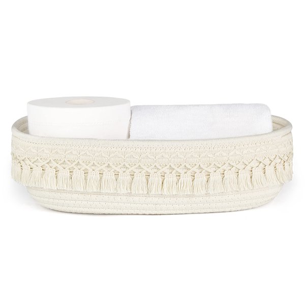 Dahey Woven Basket Macrame Storage Basket for Toilet Tank Top Boho Bathroom Decor Toilet Paper Basket for Bathroom Organizing, Gift Baskets Empty for Counter Table Bedroom Living Room Nursery, White