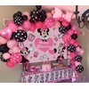 Pink Mouse Birthday Backdrop 6x4ft and Pink Mouse Color Balloon Garland Kit,116 pcs Pink Black Dot Balloon Arch with Pink Bow Balloons for Girls Mouse Theme Birthday Baby Shower Party Supplies