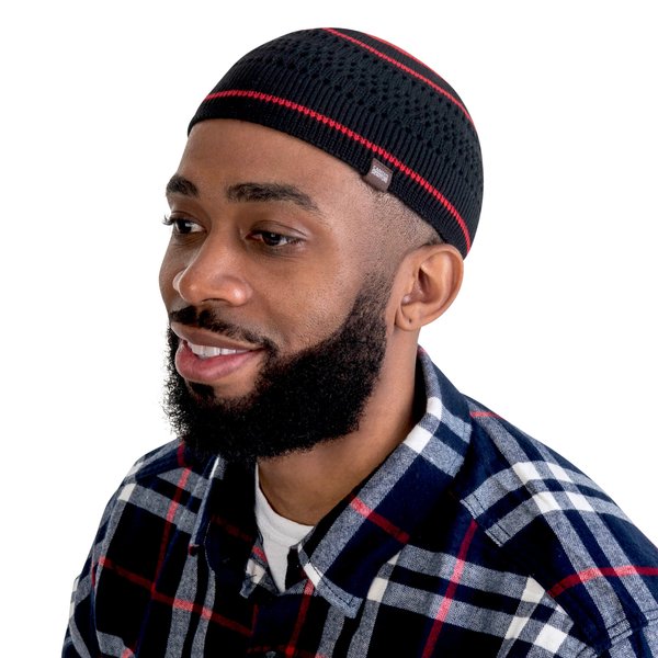 Skull Caps for Men & Women in Solid and Striped Designs | Cotton Helmet Liner Sports Beanie Kufi (Black with Red Stripes)