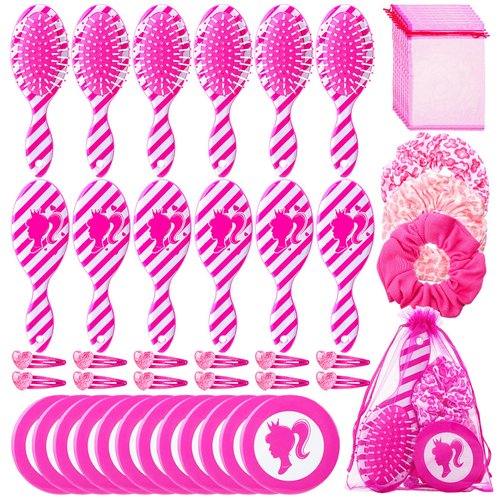 Havawish 60 Pcs Hot Pink Party Favors for 12 Person Makeup Party Supplies Include Pink Hair Brushes Elastic Pink Scrunchies Pocket Mirrors Hair Clips Gift Bags Hair Accessories for Women