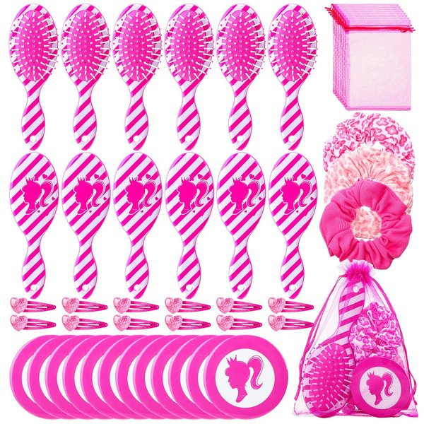 Havawish 60 Pcs Hot Pink Party Favors for 12 Person Makeup Party Supplies Include Pink Hair Brushes Elastic Pink Scrunchies Pocket Mirrors Hair Clips Gift Bags Hair Accessories for Women