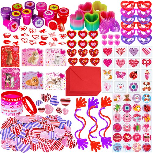 234 Pack Valentine's Day Party Favors Supplies Gift Exchage Cards Heart Glasses Bracelets Heart Stickers Stamper Sticky Hands Tattoo Bulk for Kids School Classroom Rewards Prizes Birthday Goodie Bags