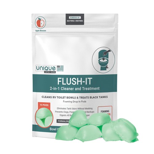 Unique Flush-It 2-in-1 RV Black Tank Treatment and Toilet Bowl Cleaner Drop In Pods, Full Black Tank Treatment, Cleans RV Toilets, Liquifies Waste, Prevents Clogs (15 Foaming Enzyme Pods)