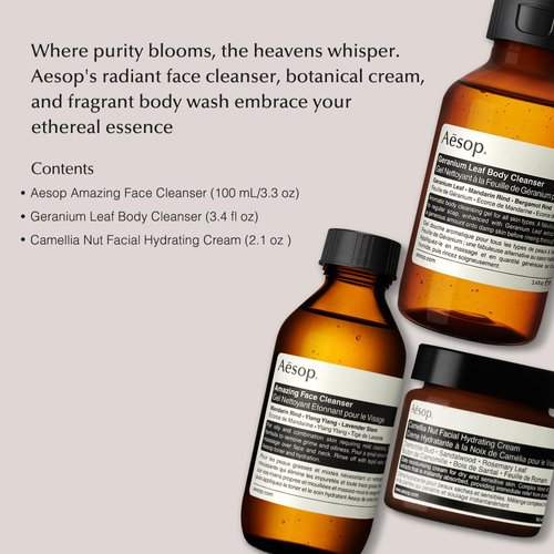Aesop Face and Body Care Kit - Amazing Face Cleanser (3.3 oz) + Camellia Nut Facial Cream (2.1 oz) and Geranium Body Cleanser (3.4 Oz) | Paraben-Free, Cruelty-Free & Vegan