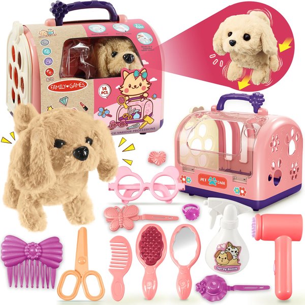 TEUVO 14Pcs Dog Toys for Girls Kids 3 4 5 6 8 Year Old, Walking Barking Electronic Interactive Stuffed Dog Plush & Carrier Accessories Pet Care Playset Grooming Toy Pretend Play Gifts for Little Girls