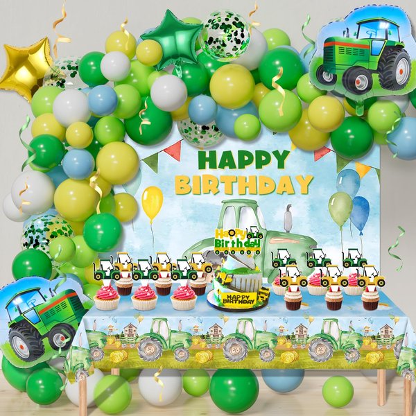Tractor Birthday Decorations Supplies,Tractor Farm Themed Party Supplies Kit Include -Tractor Balloons Arch Garland Kit,Tractor Birthday Backdrop,Tablecloth,Cake Topper,Cupcake Toppers,Tractor Balloon