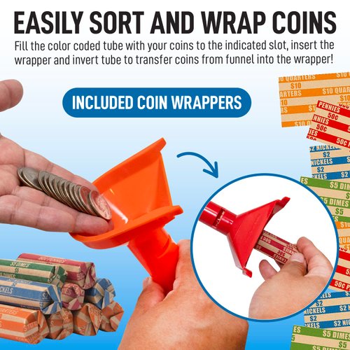 252 Coin Wrappers with Coin Sorter Tubes - Funnel Shaped Color-Coded Coin Counter Stacking Roll Sorting Tubes
