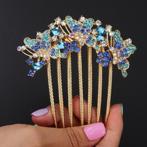 Chargances Butterfly Luxury Crystal Hair Comb Boho Shiny Flower Hair Comb Bridal Wedding Blue Rhinestone Hair Side Combs Hair Accessories Headpiece for Women and Girls (Blue)