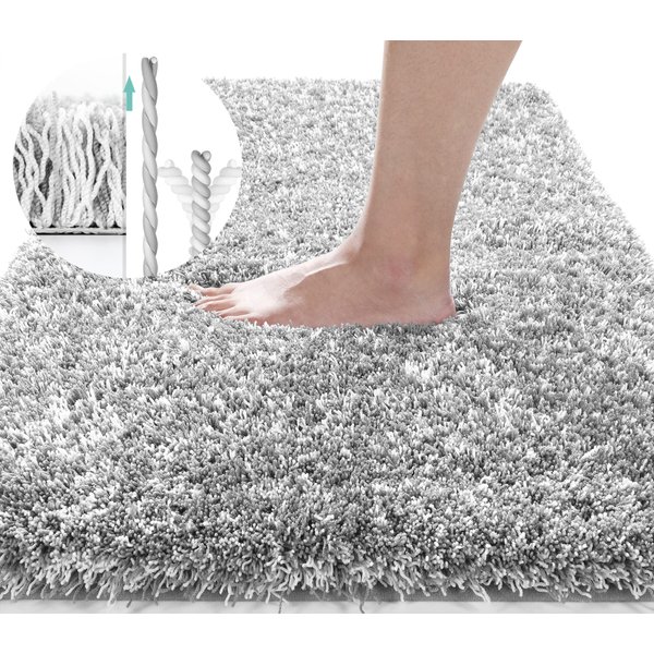 Yimobra Luxury Bathroom Rugs, Shaggy Bath Mats, Non Slip, Water Absorbent Microfiber, Machine Washable, Fluffy Plush Soft Shower Rugs, Thick Floor Mat, 17"x 24", Light Gray&White