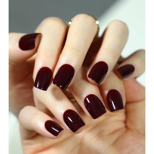 Morily 30pcs Press on Nails Short Square Burgundy Fake Nails with Solid Color Designs Acrylic Glossy False Nails Reusable Stick on Nails for Women (Burgundy)