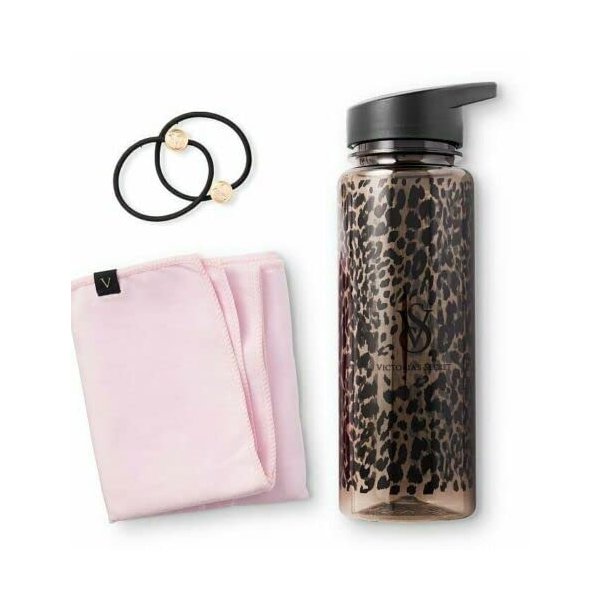 Victoria's Secret Leopard On Point Exercise Workout Kit Water Bottle Hair Ties Towel