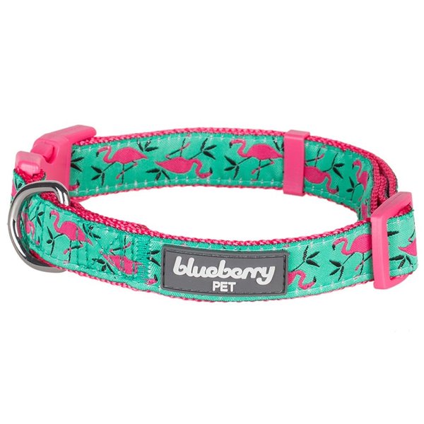 Blueberry Pet Essentials 10 Patterns Pink Flamingo on Light Emerald Adjustable Dog Collar, Small, Neck 12"-16"