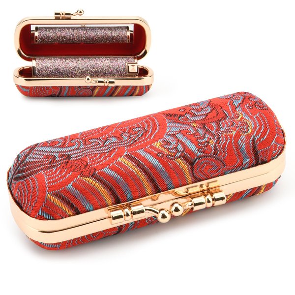 Beautyflier Lipstick Case with Mirror, Retro Lipstick Box Lip Balm Organizer Bag, Fashion Cosmetic Lipstick Travel Case, Women's Portable Lipstick Pouch Travel Cosmetic Case Red (Red, Wave)