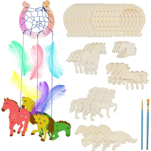 Fennoral 30 Pack Wooden Horse Craft for Kids Unfinished Wooden Cutouts Horse Horseshoes for Girls Boys Paint You Own Horse Dream Catcher Craft for Kids DIY Art Activity Party Favors Decoration