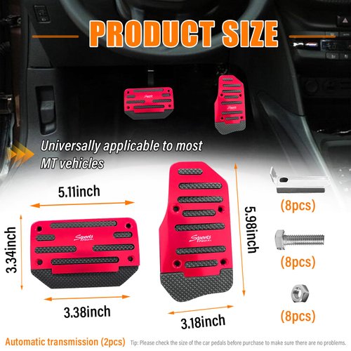 Ziciner 2PCS Non-Slip Car Pedal Pads, Automatic Gearbox Gas Pedal Brake Pedal Cover, Aluminum Alloy Brake Gas Clutch Pedal Kits, Universal Replacement Accessories for Car SUV ATV (Red&Automatic)