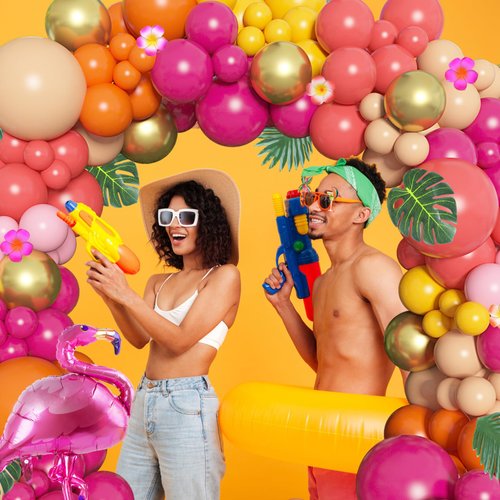 Ouddy Life 178Pcs Tropical Balloons Arch Garland Kit, Luau Tropical Party Decorations with Aloha Pineapple Coconut Hot Pink Aqua Blue Balloons & Palm Leaves for Hawaiian Summer Birthday Supplies