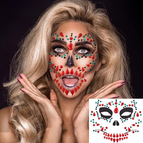 Halloween Face Jewels Temporary Tattoos Skull Horror Ghost Gems Rhinestone Fake Tattoos Acrylic Eyeshadow for Cosplay Party Supplies Day of the Dead Face Stickers 3 Sheet