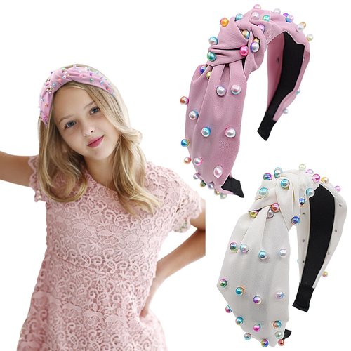 Melbelia Pearl Knotted Headbands - 2Pcs Beaded Headbands for Women and Girls, Non-Slip Wide Top Knot Design with Colorful Faux Pearls - Fashionable Hair Accessories for Women(White and Pink)