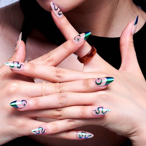 GLAMERMAID Press on Nails Almond,Chrome Gel False Nails with Gothic Design,24 PCS Glue on Nails,Reusable Acrylic Stick on Nails Tips Manicure Set for Women,Emerald Serpent (Handmade)