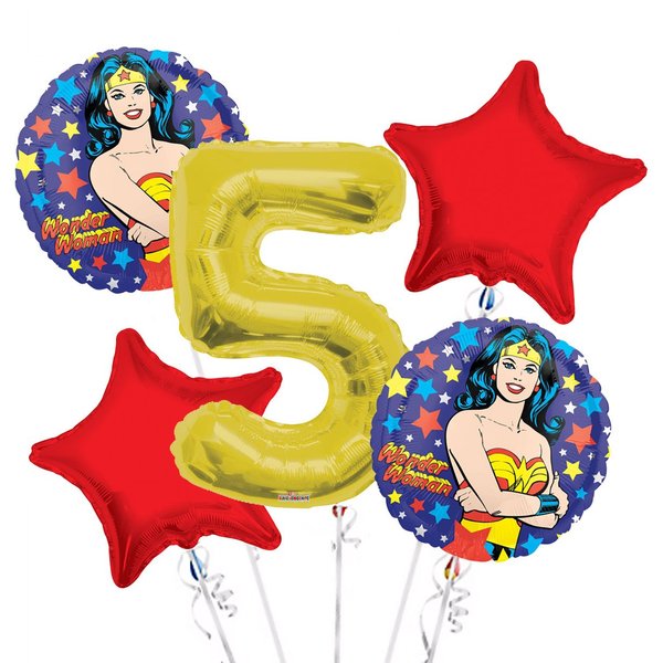 Wonder Women Balloon Bouquet 5th Birthday 5 pcs - Party Supplies