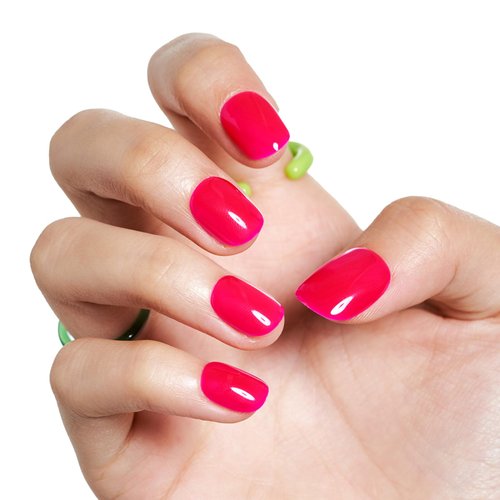 GLAMERMAID Press on Nails Extra Short Squoval, Spring Summer Hot Pink Jelly Gel Glue on Nails, 24Pcs Glossy Round Reusable UV Finish Fake Nails Acrylic False Nails Manicure Kits for Women Grils Gift