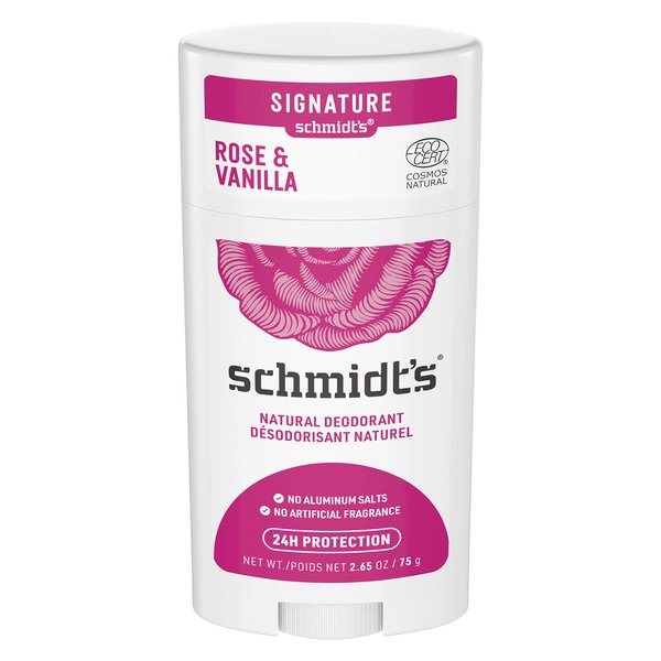 Schmidt's Aluminum Free Natural Deodorant for Women and Men, Rose and Vanilla with 24 Hour Odor Protection, Certified Natural, Vegan, Cruelty Free, 2.65 oz