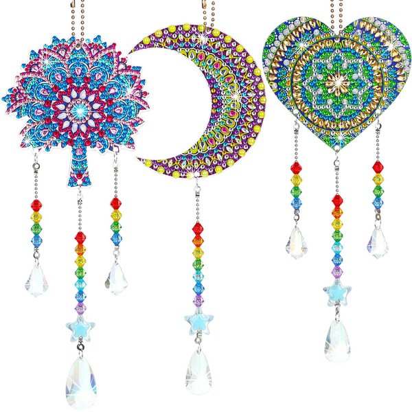 3 Pieces Painting Suncatcher Wind Chime Cross Sun Star Moon Heart Mandala Double Sided Crystal Gem Paint by Number Hanging Ornament for Home Garden (Moon, Heart, Mandala)
