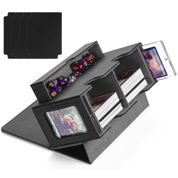 MTG Deck Box with 2 Commander Display and Dice Tray, Commander Deck Box Fits 320+ Single Sleeved Cards, Deck Box MTG, Deck Box TCG, Trading Card Deck Box with 4 Dividers & 35pt Card Brick (Black&Gray)